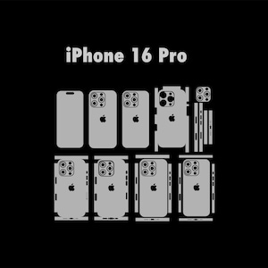 Puede incluir: Un fondo negro con el texto "iPhone 16 Pro" en blanco. La imagen muestra varios contornos grises de un iPhone 16 Pro, mostrando diferentes ángulos y componentes, incluyendo la parte trasera, los lados y el módulo de la cámara.