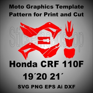 以下が含まれることがあります： ホンダCRF 110F、2019年、2020年、2021年用の赤と白のオートバイグラフィックテンプレート。テンプレートには、SVG、PNG、EPS、AI、DXFファイル形式が含まれています。