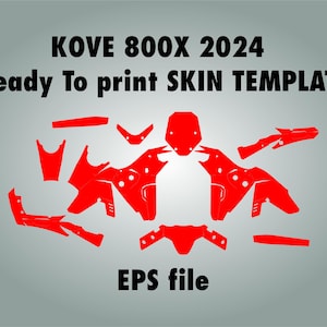 以下が含まれることがあります： 赤と白のKOVE 800X 2024 Ready To print SKIN TEMPLATE EPSファイル。これは、オートバイのスキンのテンプレートのデジタルダウンロードです。