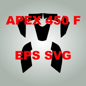 Op de afbeelding: Zwart grafisch ontwerp van verschillende vormen, met de rode tekst "APEX 450 F" en "EPS SVG" op een grijze achtergrond. De vormen lijken componenten van een groter ontwerp te zijn.