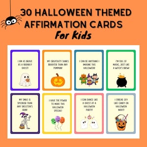 30 Halloween Affirmationen für Kinder, Halloween Lunch Box Notizen für Kinder, druckbare positive Affirmationen für Kinder, Partybevorzugungskarten