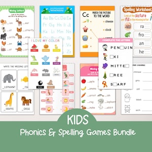 Kids Phonics and Spelling Games Worksheets Bundle, Kids Activity Worksheets, Kids Learning Worksheets