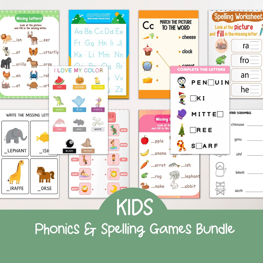 Kids Phonics and Spelling Games Worksheets Bundle, Kids Activity ...