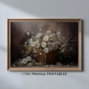 White Daisies Landscape Painting, Vintage Spring Floral Basket Art Print Rustic Easter Wall Art Nature Farmhouse Decor Digital Download EW75