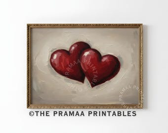 Romantic Heart Print Valentines Wall Art, Vintage Red Hearts Painting Modern Love Decor Digital Download VW04