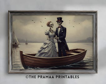 Skeleton Bride and Groom Halloween Wall Art, Romantic Skeleton Painting Gothic Wedding Decor Vintage Macabre Love Art Digital Download HW185
