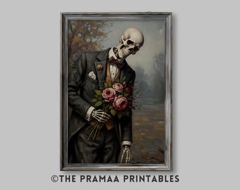 May include: Framed print of a skeleton in a tuxedo, holding pink roses. The artwork has a vintage style with muted colours. The text "© THE PRAMAA PRINTABLES" is at the bottom of the print.