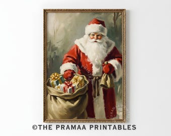 PRINTABLE Vintage Santa Print Christmas Wall Art, Retro Santa Claus Oil Painting,  Farmhouse Winter Holiday Decor Digital Download CW10