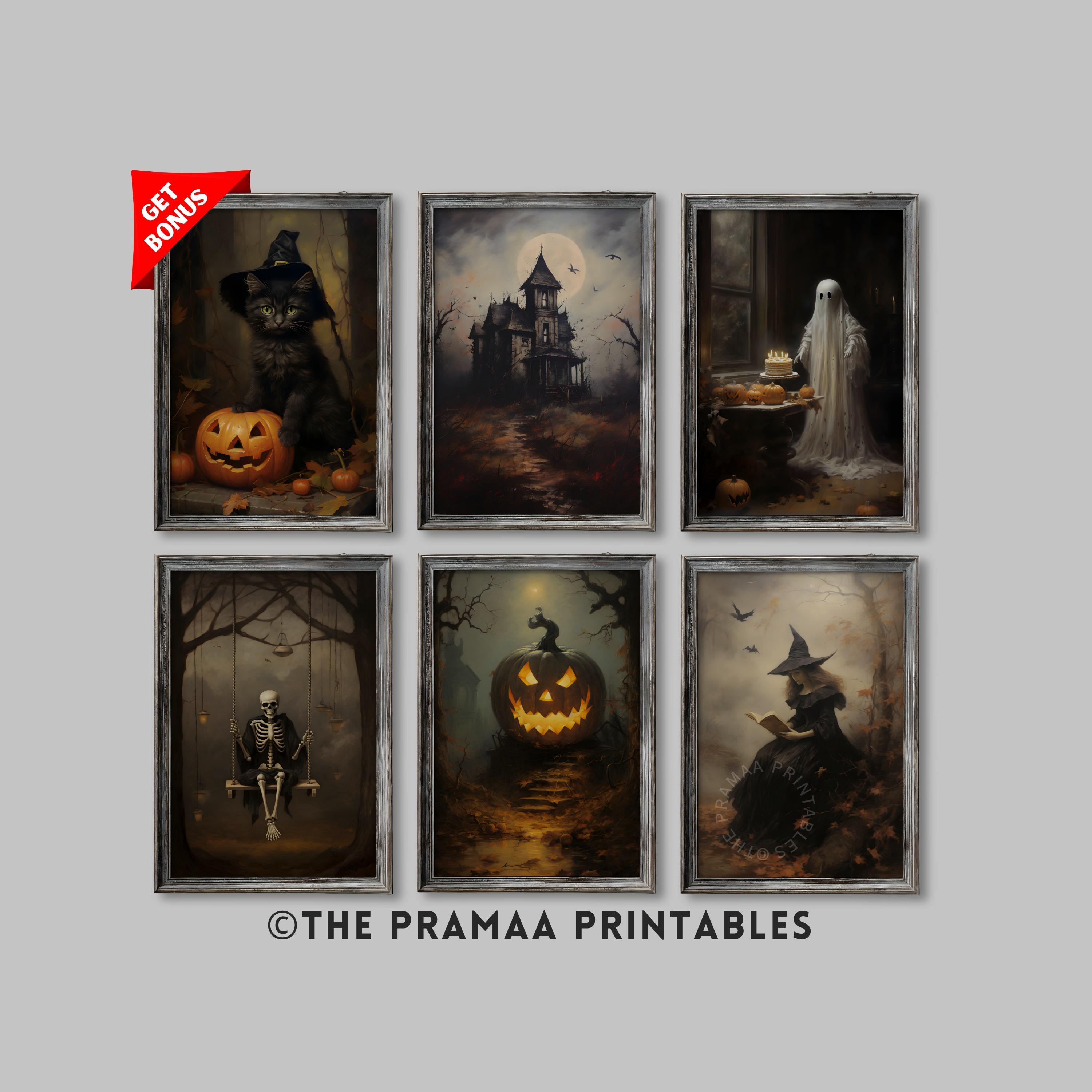 Juego de 6 impresiones de pared para galería de Halloween, decoración de la Academia Oscura con estampado de bruja, póster vintage de gato negro, pintura fantasma, descarga digital, paquete HW71
