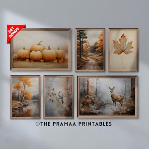 Fall Gallery Wall Art Set of 6, Rustic Autumn Pumpkin Print Cottagecore Decor Vintage Bird Painting Nature Art Digital Download Bundle AW10