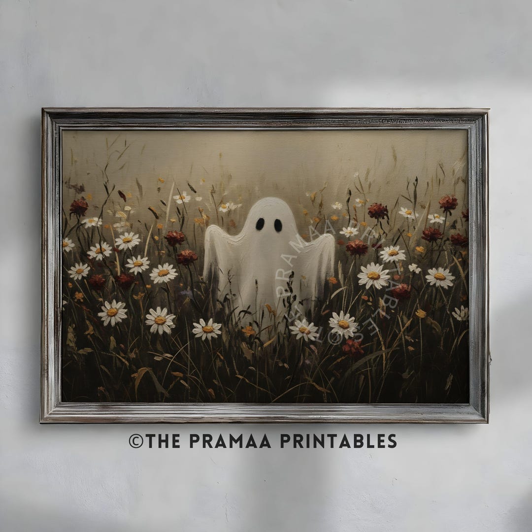 Ghost in Wildflower Field Halloween Wall Art, Cute Ghost Oil Painting ...