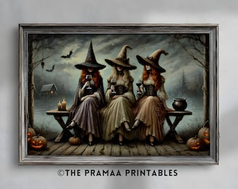Arte mural de Halloween de las Hermanas Brujas, Tres Brujas con Vino, Pintura Vintage, Decoración de la Academia Oscura, Impresión artística de Otoño Espeluznante, Descarga Digital HW116