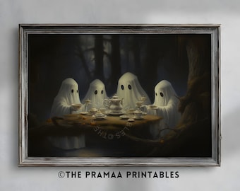 Arte mural de fiesta de té con fantasmas en un bosque embrujado, pintura de fantasmas espeluznantes, impresión vintage de Halloween, decoración de Dark Academia, descarga digital HW64