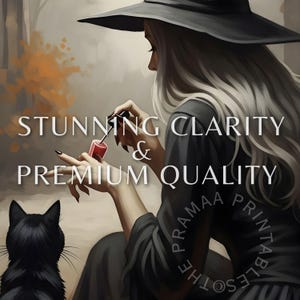 Transform your space with this enchanting Halloween art print featuring a witch painting her nails beside a black cat. Set in a moody autumn countryside with falling leaves, this artwork blends vintage charm with dark academia and witchcore aesthetics. Perfect for rustic farmhouse Halloween decor, cozy cottagecore homes, or anyone who loves eerie, spooky vibes. Instantly downloadable, this digital print brings a unique balance of mystery, magic, and seasonal atmosphere to your fall decorations.