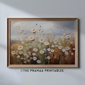 Wildflower Field Vintage Landscape Painting, Neutral Spring Daisy Field Print Rustic Farmhouse Countryside Wall Art Digital Download EW49