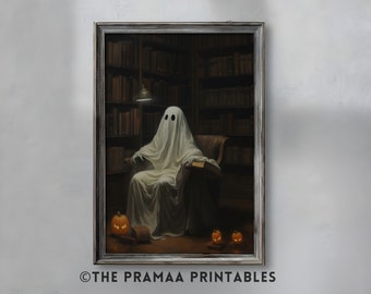 Fantôme effrayant lisant dans la bibliothèque hantée, impression d'art, décoration sombre du monde universitaire, peinture d'Halloween vintage, art mural gothique en téléchargement numérique HW56