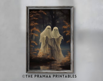 May include: A framed painting of two white ghosts standing in a forest with a lake in the background. The ghosts are wearing white robes and have no facial features except for two black eyes. The forest is filled with brown and orange leaves. The lake is a dark blue color.