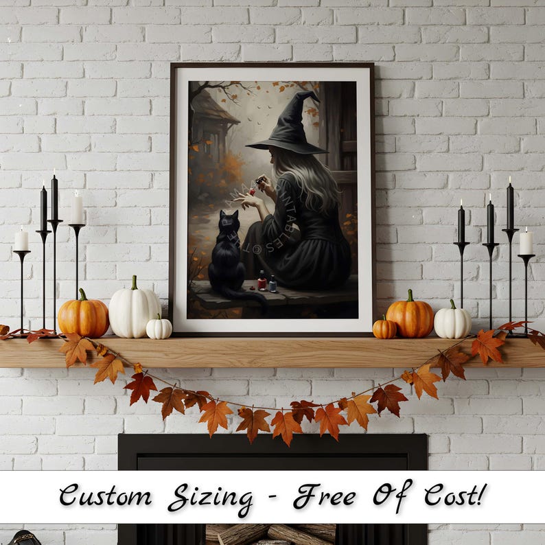 Transform your space with this enchanting Halloween art print featuring a witch painting her nails beside a black cat. Set in a moody autumn countryside with falling leaves, this artwork blends vintage charm with dark academia and witchcore aesthetics. Perfect for rustic farmhouse Halloween decor, cozy cottagecore homes, or anyone who loves eerie, spooky vibes. Instantly downloadable, this digital print brings a unique balance of mystery, magic, and seasonal atmosphere to your fall decorations.