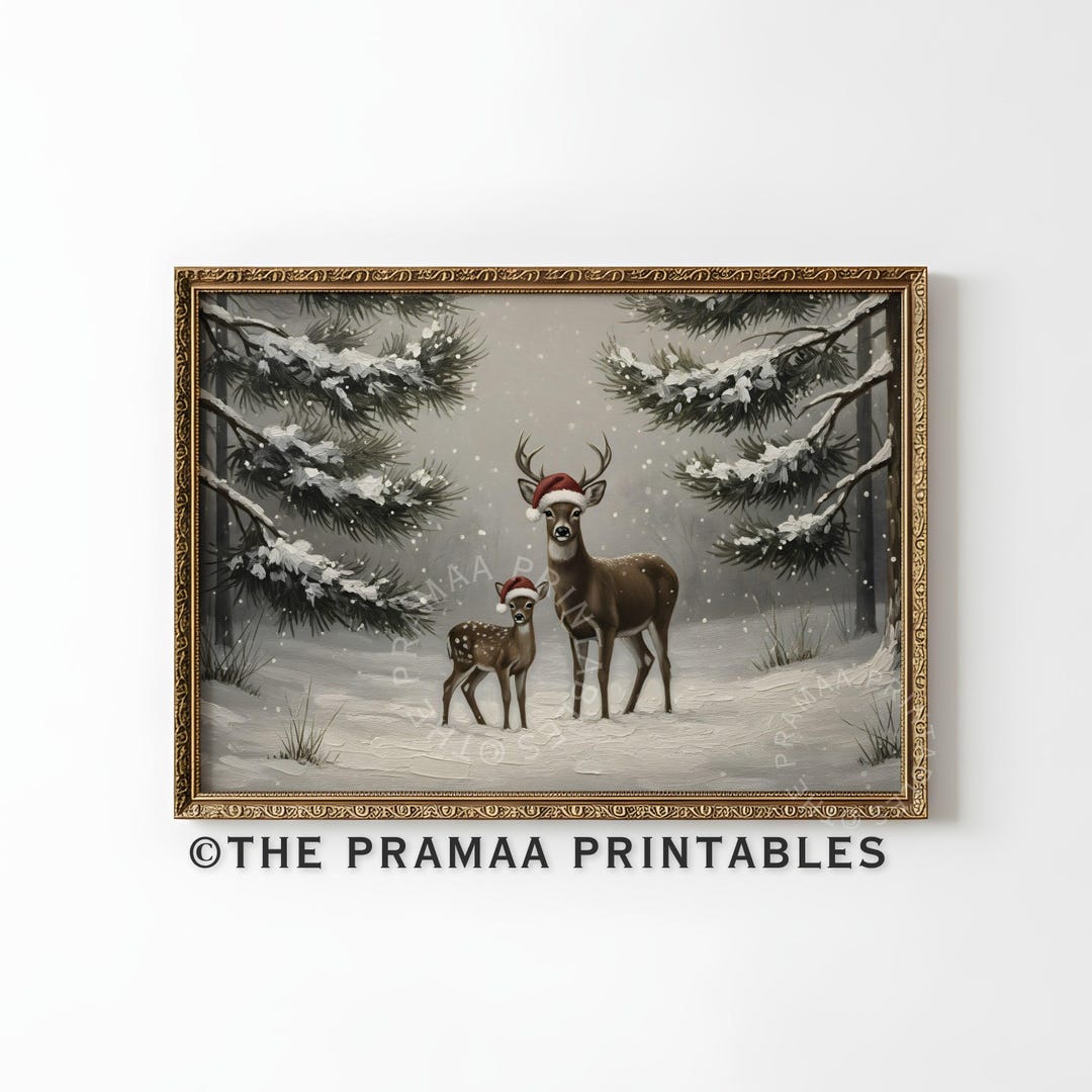 Vintage Deer Print Christmas Wall Art, Neutral Winter Deer Painting ...