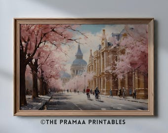 Cherry Blossom Landscape Painting, Paris Spring Street Scene Art Print Romantic City Wall Art Nature Easter Wall Decor Digital Download EW42