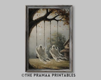 Ghosts on Swings Halloween Art Print, Spooky Ghost Painting Vintage Fall Wall Art Moody Autumn Cottage Wall Decor Digital Download HW217