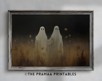 May include: Two white ghosts standing in a field of tall grass. The ghosts are wearing white sheets and have black eyes. The background is dark and blurry.