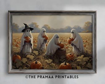 Ghosts in Pumpkin Field Halloween Wall Art, Cute Ghost Painting Vintage Fall Harvest Scene Spooky Cottagecore Decor Digital Download HW159