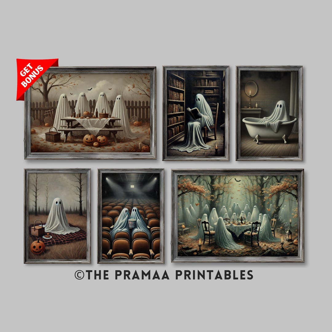 Ghost Gallery Wall Set of 6, Spooky Ghost Tea Party Art Print Vintage ...