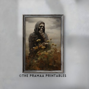 以下が含まれることがあります： フード付きローブを着た骸骨の姿が、黄色い野花が咲く野原に立っている絵画が額装されています。その姿は下を見つめ、手を顎に当てています。背景は曇り空です。