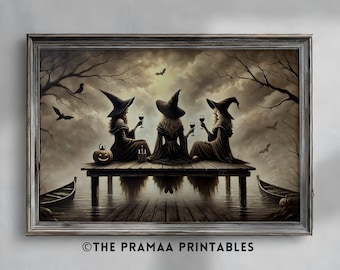 Impresión artística de Halloween de las Hermanas Brujas, pintura de tres brujas, decoración oscura y espeluznante de la Academia, arte de pared vintage otoñal, descarga digital HW140