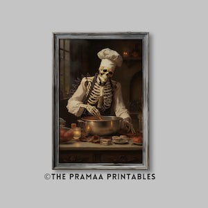 Skeleton Chef Print Vintage Halloween Painting, Skeleton Cooking Gothic Kitchen Wall Art Dark Academia Decor Instant Digital Download HW48