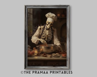 Impresión de esqueleto de chef, pintura vintage de Halloween, esqueleto cocinando, arte de pared gótico para cocina, decoración de academia oscura, descarga digital instantánea HW48