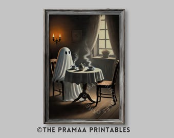 Impresión artística de fantasmas de Halloween, pintura de fantasmas caprichosos tomando té, decoración de academia oscura y espeluznante, arte mural cottagecore, descarga digital HW124