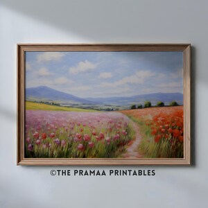 Spring Poppy Field Landscape Painting, Vintage Wildflower Meadow Wall Art Rustic Cottagecore Decor Floral Nature Print Digital Download EW53