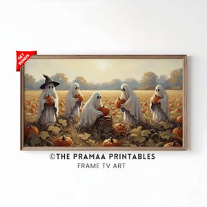 May include: A framed print featuring a whimsical Halloween scene. Five ghosts in white sheets are in a pumpkin patch, holding pumpkins. One ghost wears a witch hat. The artwork has a warm, autumnal color palette.