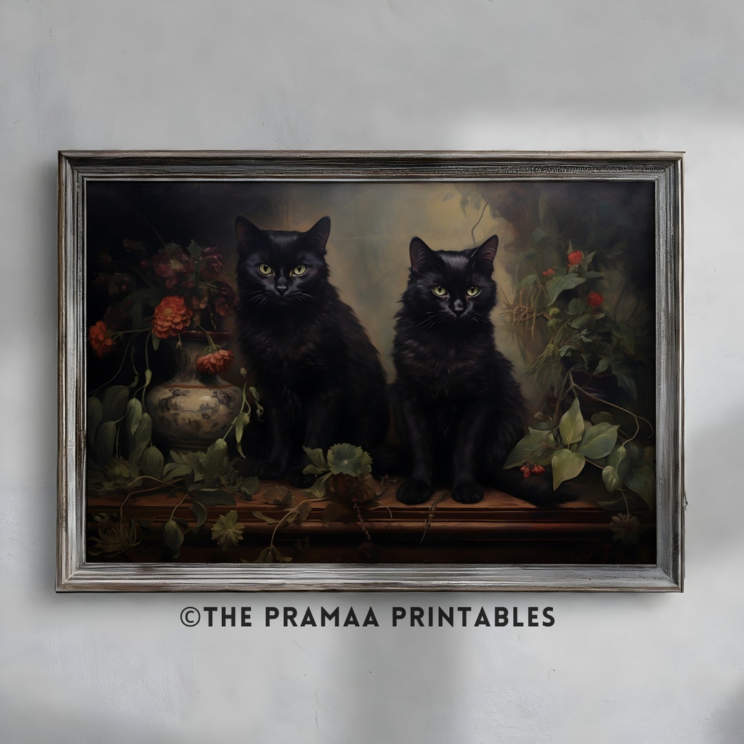 Cute Black Cats Wall Art Halloween Painting, Dark Academia Decor Witchy ...