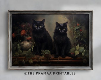 Cute Black Cats Wall Art Halloween Painting, Dark Academia Decor Witchy Print Vintage Poster Cat Lovers Gift Digital Download Wicca HW84