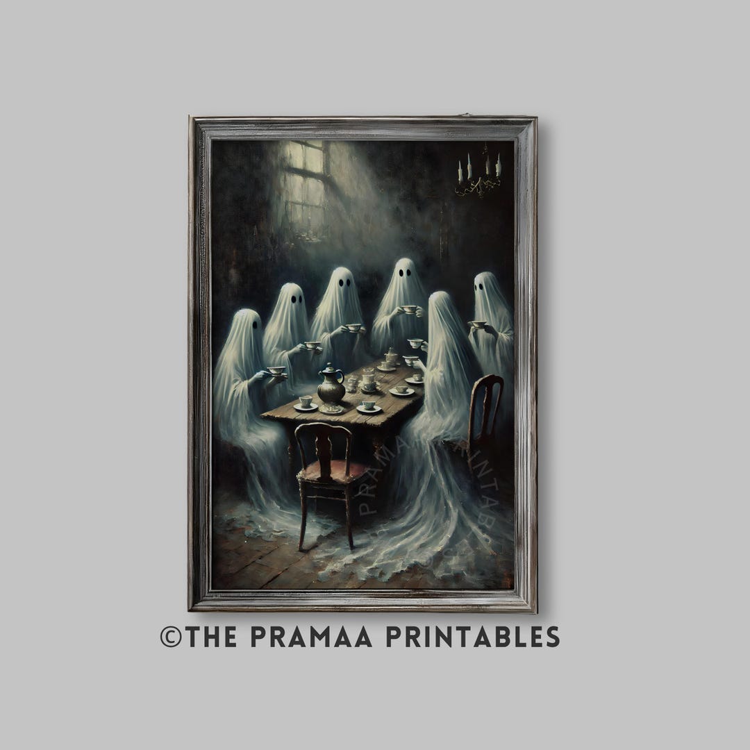 Ghost Tea Party Halloween Art Print, Vintage Ghosts Painting Spooky ...