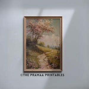 Cherry Blossom Tree Painting, Pastel Spring Wall Art Vintage Easter Wall Decor Romantic Floral Pathway Nature Artwork Digital Download EW36