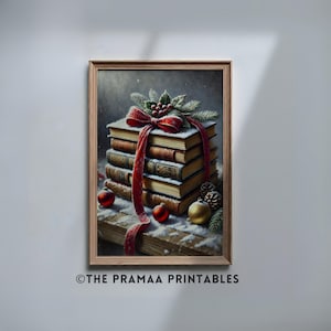 Rustic Christmas Painting Book Stack Print, Winter Holiday Decor Still Life Vintage Christmas Wall Art Digital Download Book Lover Gift CW32