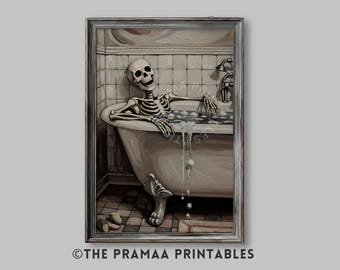 Skeleton in Bathtub Halloween Wall Art, Funny Skeleton Painting Vintage Halloween Bathroom Print Spooky Gothic Decor Digital Download HW153