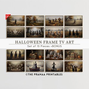 May include: A set of 15 framed Halloween-themed art prints. The artwork features various spooky scenes, including witches, ghosts, and autumnal landscapes. The text "HALLOWEEN FRAME TV ART" and "Set of 15 Pieces +BONUS" is displayed.