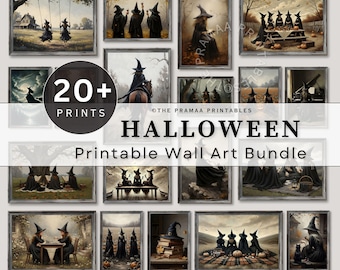 May include: A collection of framed Halloween-themed printable wall art. The images feature witches in various scenes, including riding horses, playing games, and enjoying picnics. The text on the image reads "20+ Prints" and "Halloween Printable Wall Art Bundle."