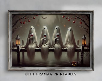 Arte mural de fantasmas de Halloween, pintura de fantasmas bebiendo vino, impresión vintage cottagecore melancólica, decoración oscura y espeluznante de la Academia, descarga digital HW147