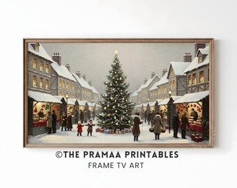 Christmas Samsung Frame TV Art, Vintage Christmas Market Painting Snowy Winter Village Scene Cozy Holiday Decor Digital Download CF25