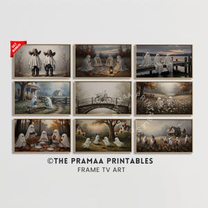 May include: Nine framed art prints featuring whimsical ghost illustrations in various outdoor settings. The artwork includes ghosts in cowboy hats, picnicking, riding bikes, and gathering pumpkins. The color palette is muted with autumnal tones.