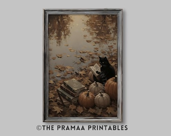 May include: Framed print depicting a black cat reading a book amidst pumpkins and books, set in a autumnal scene with fallen leaves and water. The print has a vintage aesthetic, with a muted colour palette.