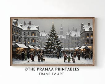 Christmas Samsung Frame TV Art, Vintage Christmas Market Painting Snowy Town Square Scene Festive Holiday Decor Digital Download CF13