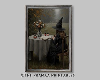 Witch Halloween Art Print, Vintage Witch Painting Spooky Autumn Wall Art Moody Cottagecore Decor Fall Witchy Artwork Digital Download HW205