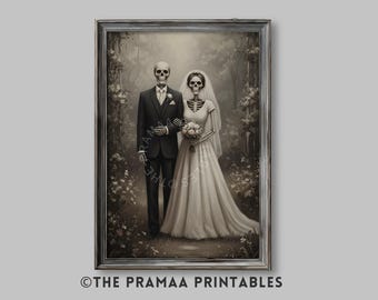 Skeleton Bride and Groom Halloween Wall Art, Romantic Skeleton Couple Print Spooky Wedding Painting Moody Fall Decor Digital Download HW174